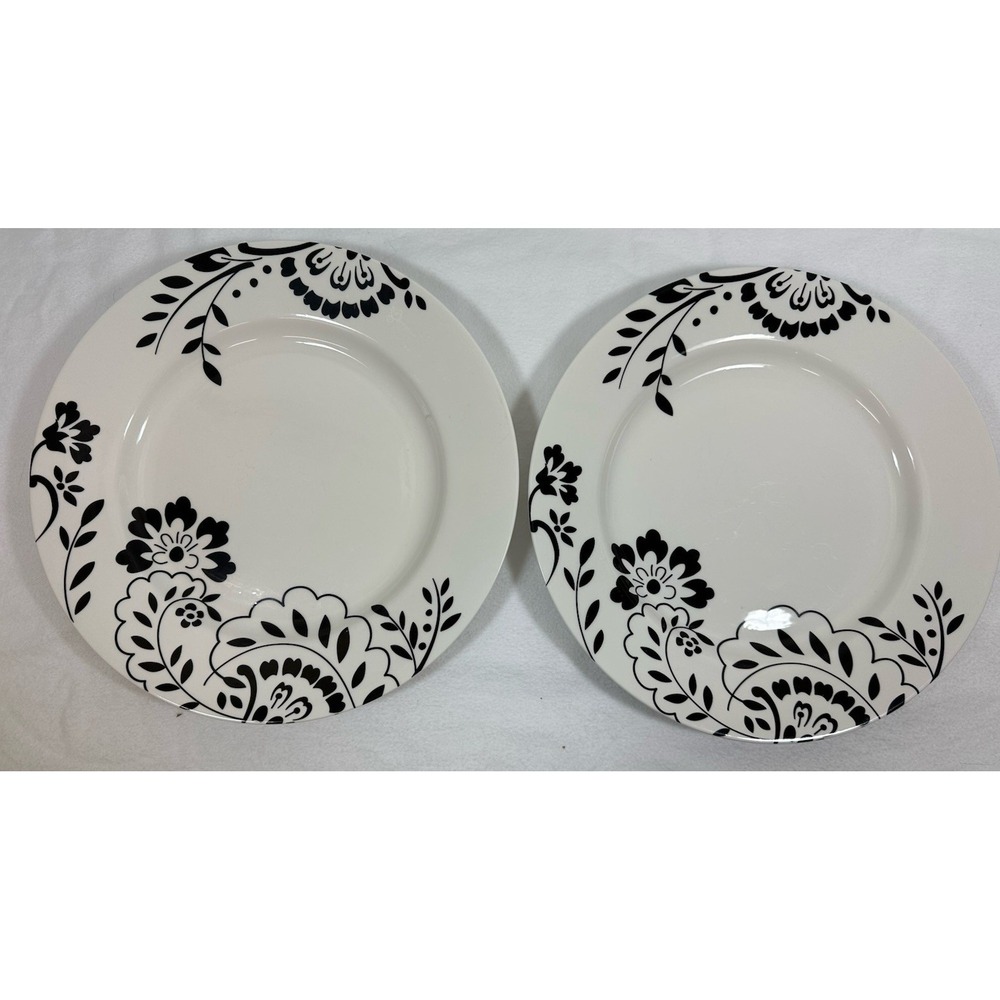 Martha Stewart Hudson Black Dinner Plates 11.5" Stencil Flowers Set Of 2
